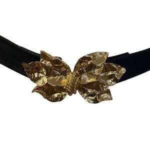 Vintage Gay Boyer Black Belt Gold Leaf Flower Bow Buckle ~29" Womens Statement